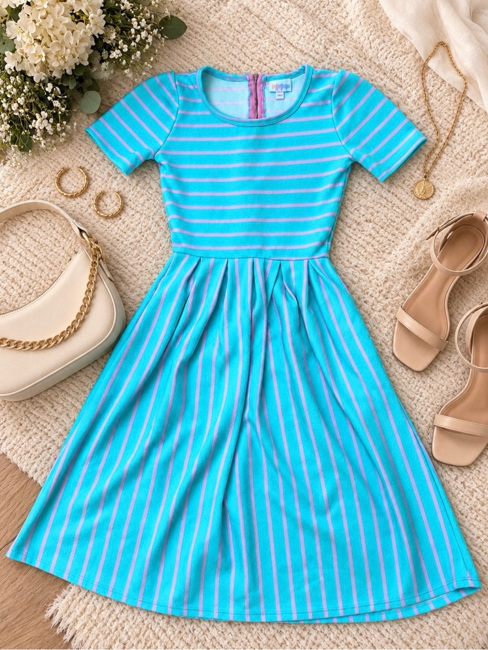 Aqua & Pink Stripe Short-Sleeve Fit-and-Flare Dress